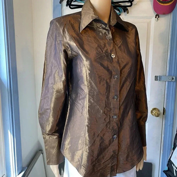 Victoire Y2K metallic Brown long sleeve button-up top satin Silk Blend Women’s S - Picture 7 of 11